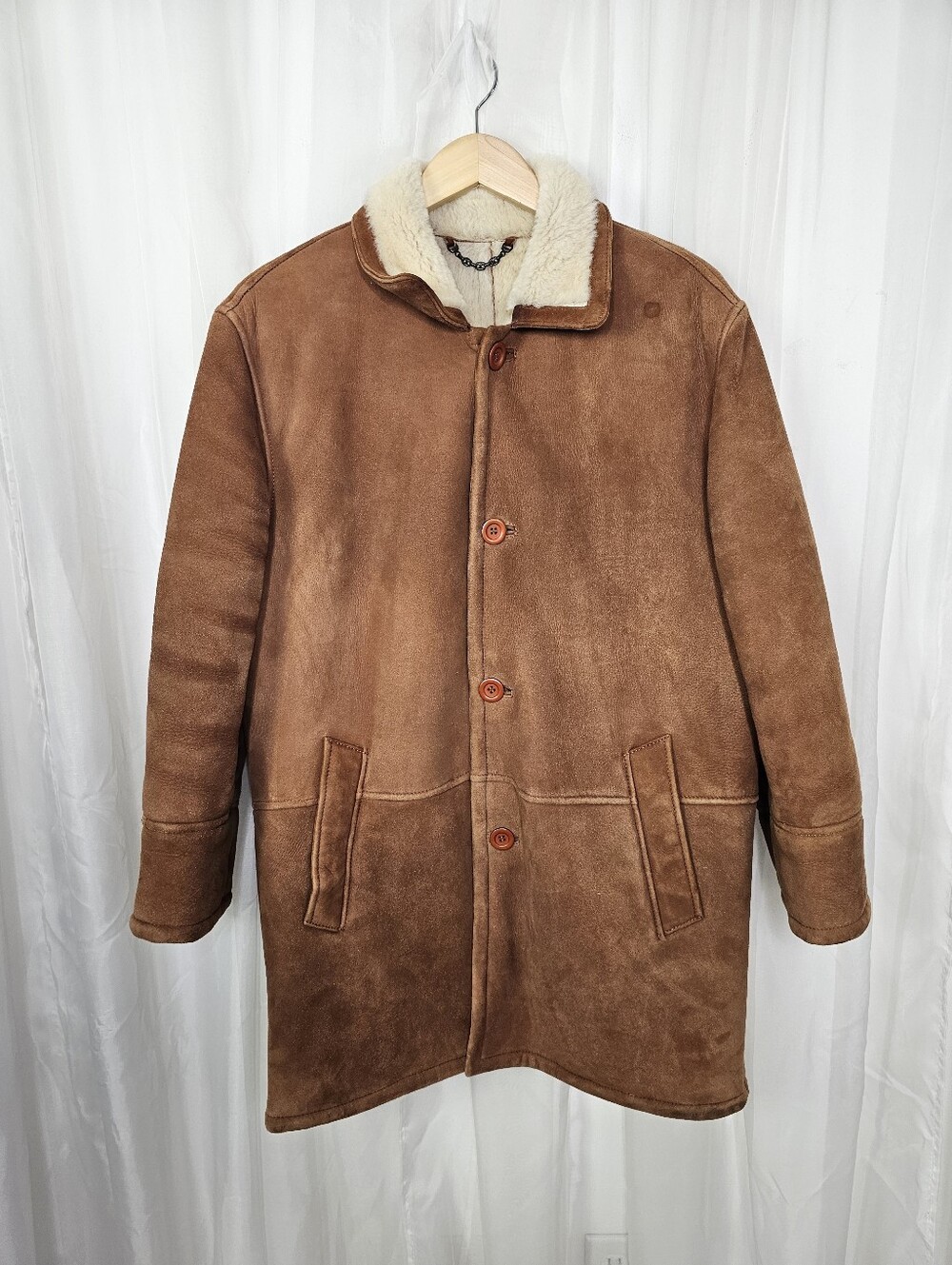 Vintage Movimento Men's Camel Brown Suede Shearling Leather Coat Ranch Jacket